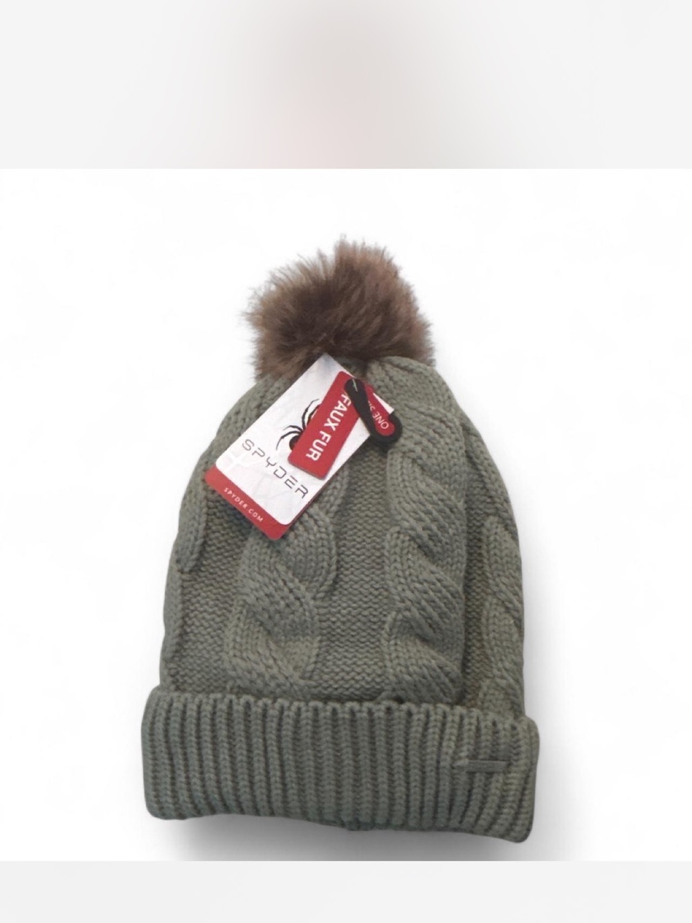 NWT Spyder Women’s Sage Cable Knit Pom Hat with Brown Faux Fur